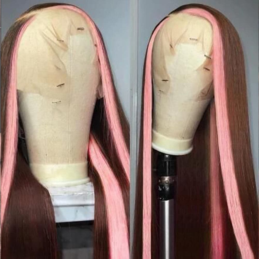 Sterly Pink with Light Brown Skunk Stripe Transparent Lace Body Wave Frontal Wig