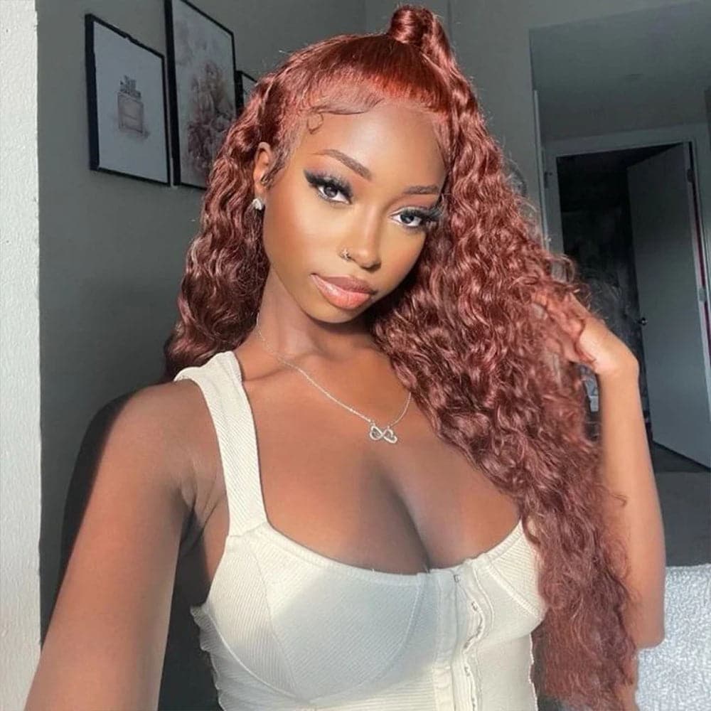 Sterly Glueless 13x6 Water Wave Wig Auburn Reddish Brown Human Hair Wig
