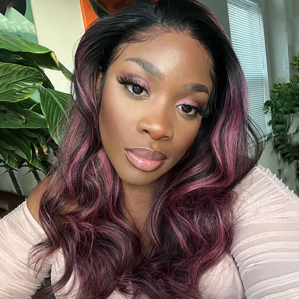 Sterly Transparent Lace Black Hair With Red Purple Highlights Straight Human Hair Wigs