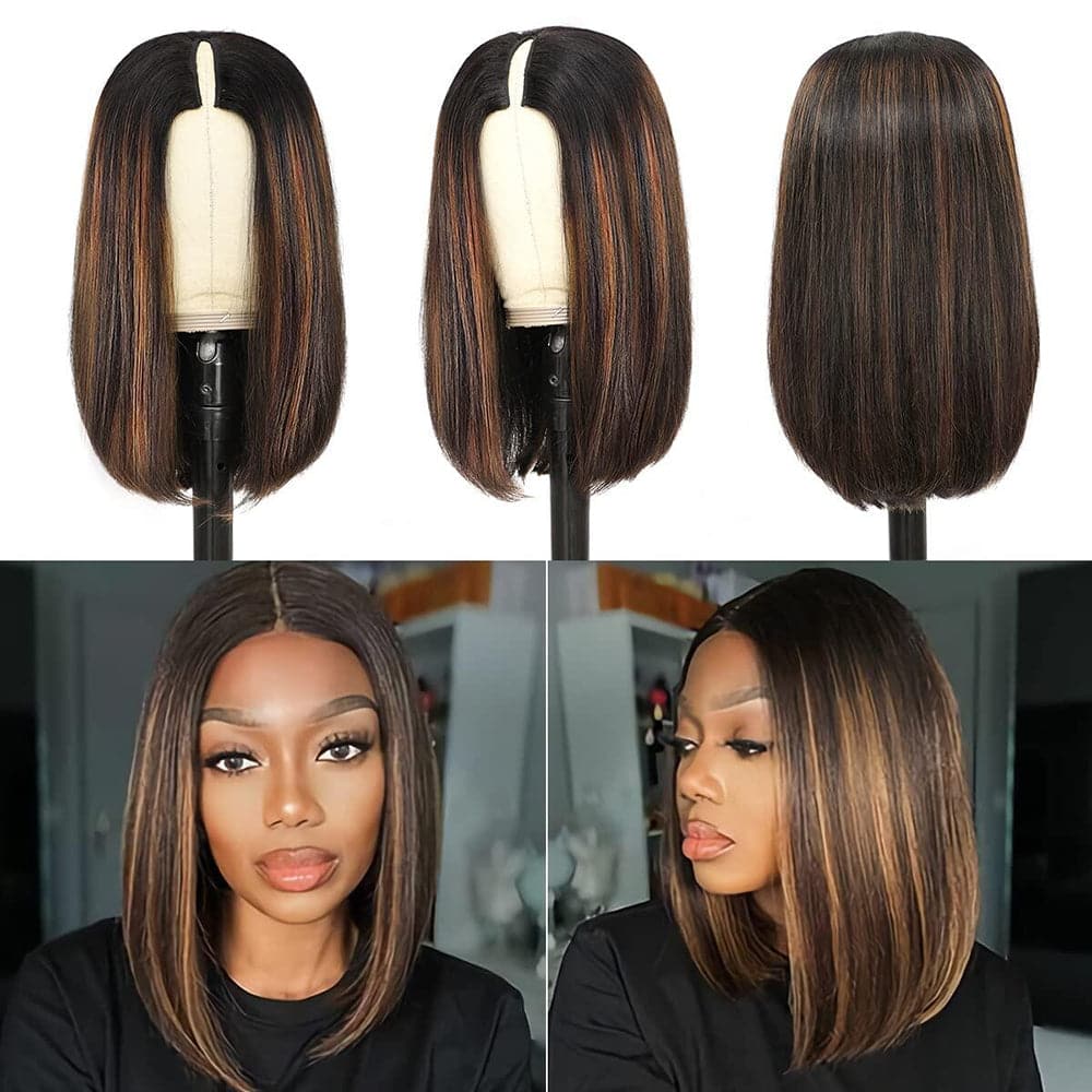 Perruque Bob V Part Sterly Straight Ombre sans Leave Out #FB30 Highlight Upgrade Perruque fine U Part sans colle