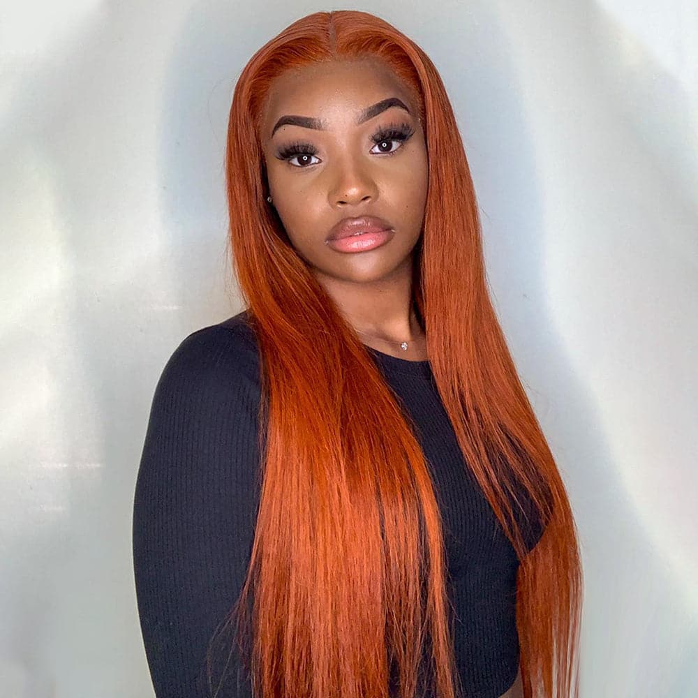 Sterly Ginger Orange Color Glueless Straight Transparent Lace Frontal Wigs Human Hair