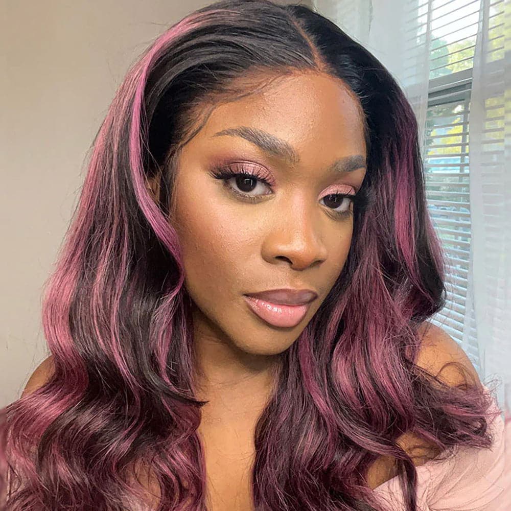 Sterly Transparent Lace Black Hair With Red Purple Highlights Straight Human Hair Wigs