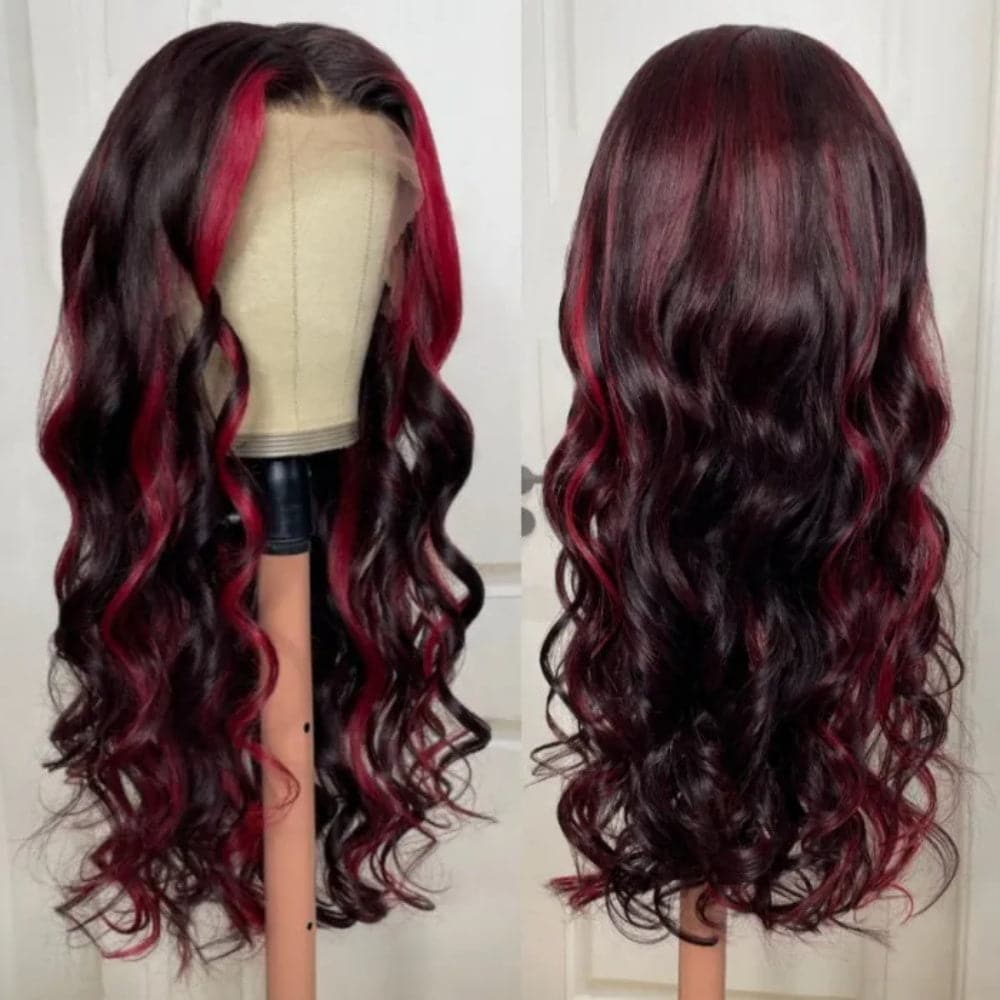 Sterly Dark Burgundy Wig With Red Strunk Stripe Body Wave Colored Highlight Human Hair Wigs