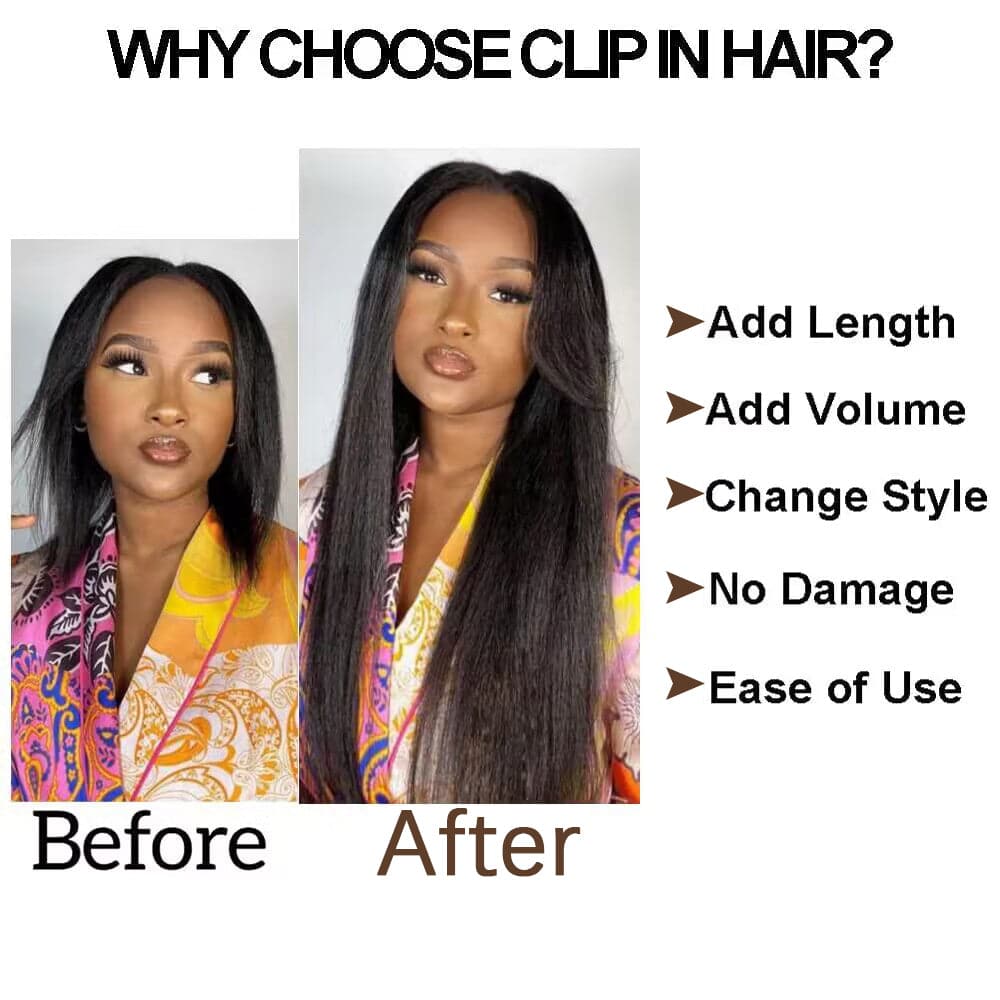Sterly Clip-in Hair Kinky Straight Human Hair Extensions 8pcs Per Set with 18Clips