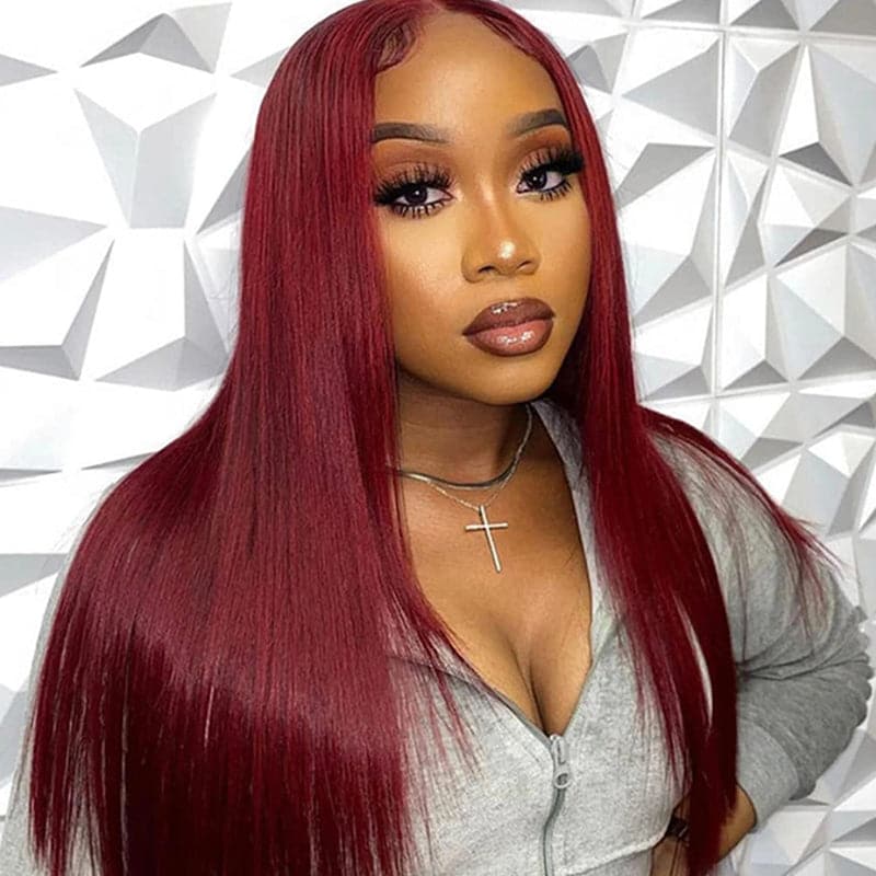 Sterly Glueless 13x6 #99J Straight Hair Wig 5x5 /13×6 Burgundy Lace Front Human Hair Wig