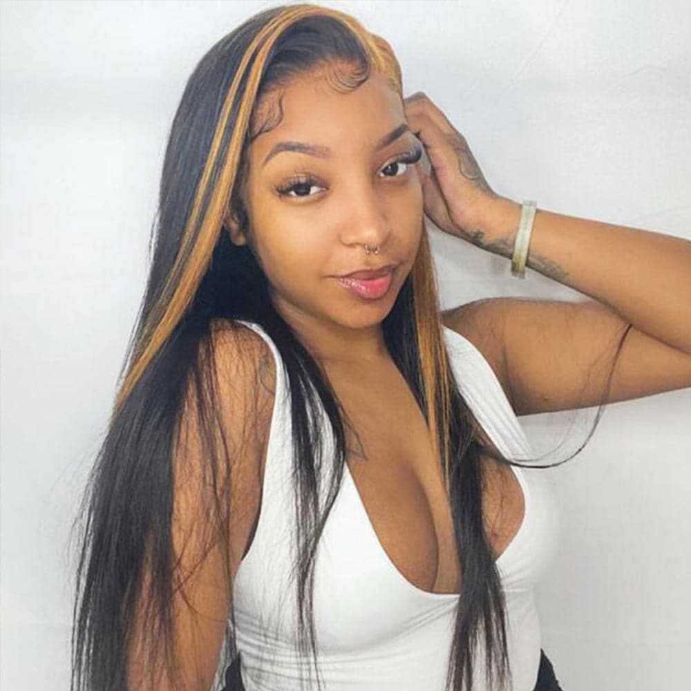 Sterly Skunk Stripe Body Wave Frontal Wig Black Wigs With #27 Honey Blonde Highlights