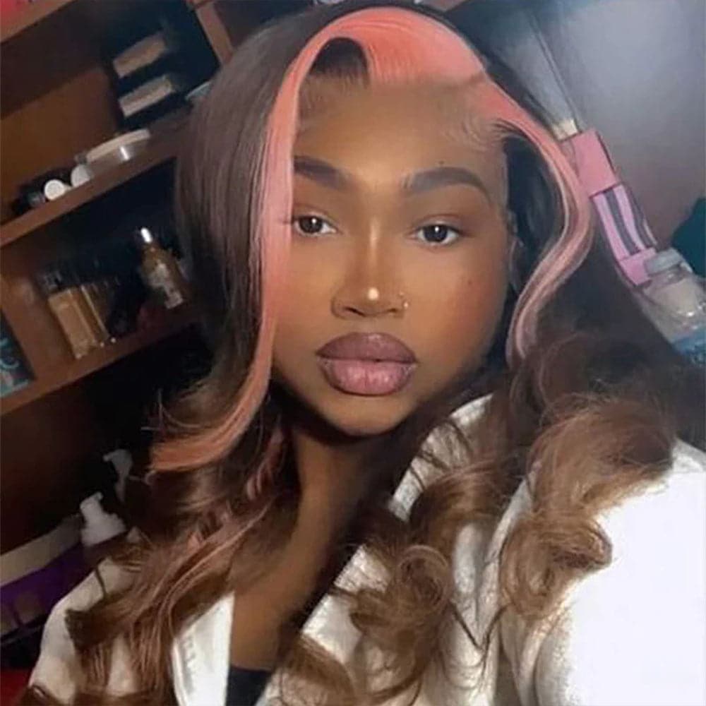 Sterly Pink with Light Brown Skunk Stripe Transparent Lace Body Wave Frontal Wig