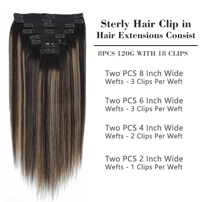 Sterly #1B/27/1B Dark Balayage Straight Clip-in Human Hair 8 Pices With 18 Clips 120g