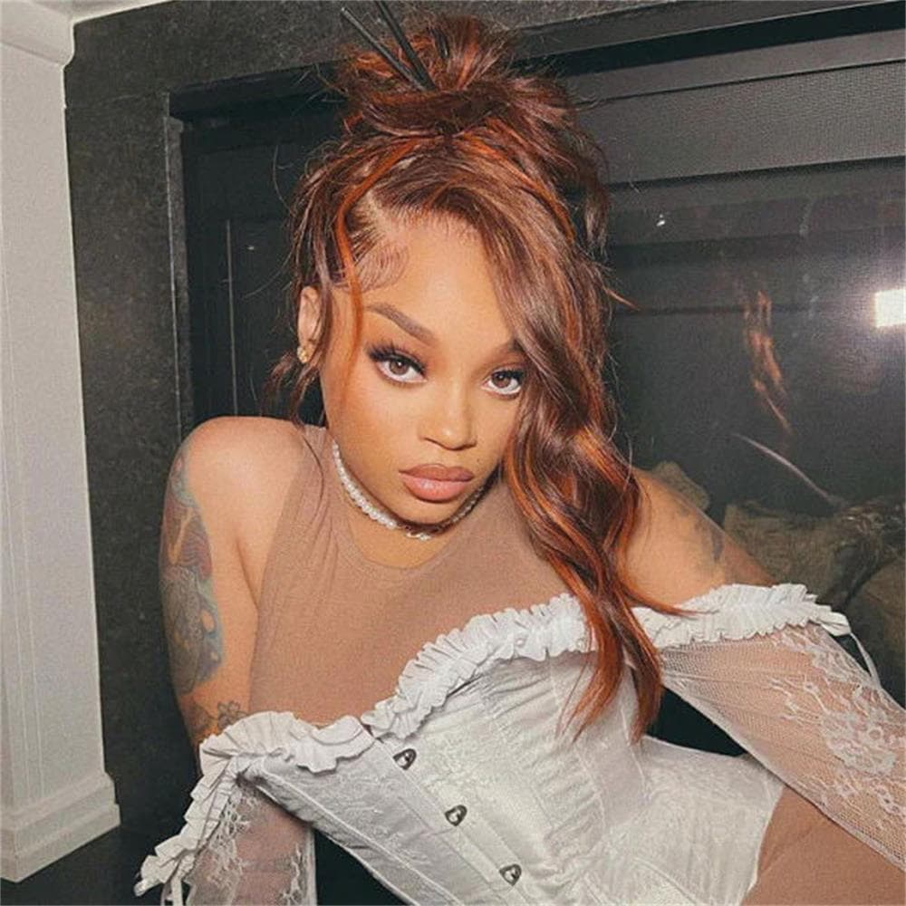 Sterly Orange Highlights With Chocolate Brown Colored Human Hair Wig Body Wave 13x4 Lace Front Wigs