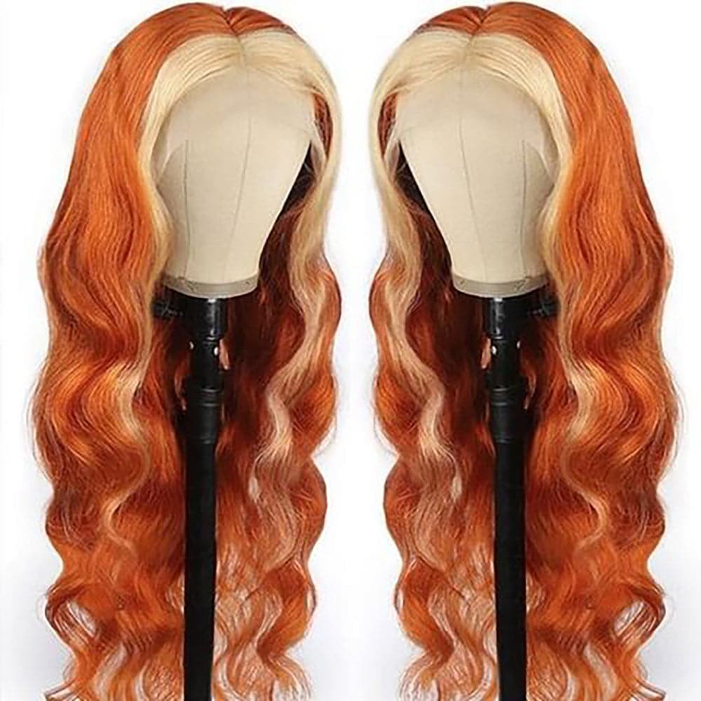 Sterly Ginger with Blonde Skunk Stripe Transparent Lace Body Wave Frontal Wig