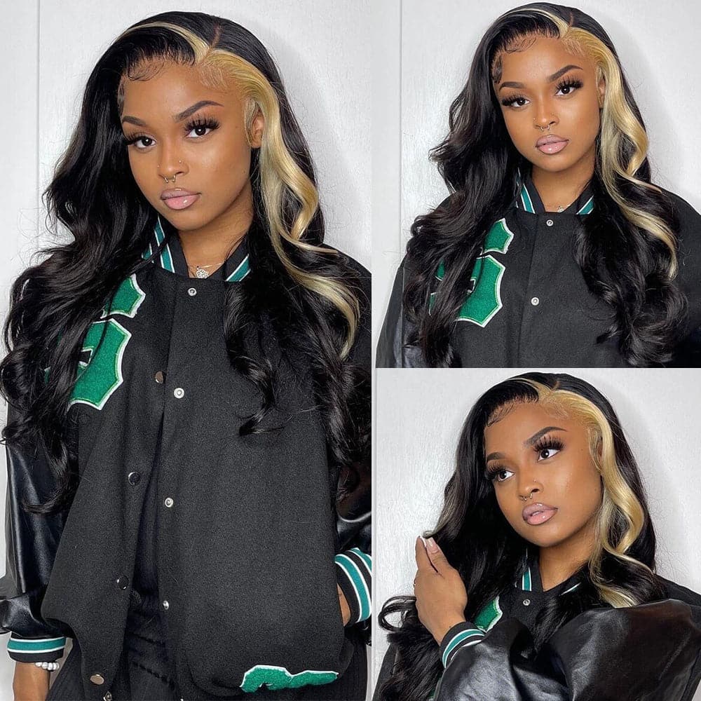 Sterly Skunk Stripe Body Wave Frontal Wig Black Wigs With #27 Honey Blonde Highlights