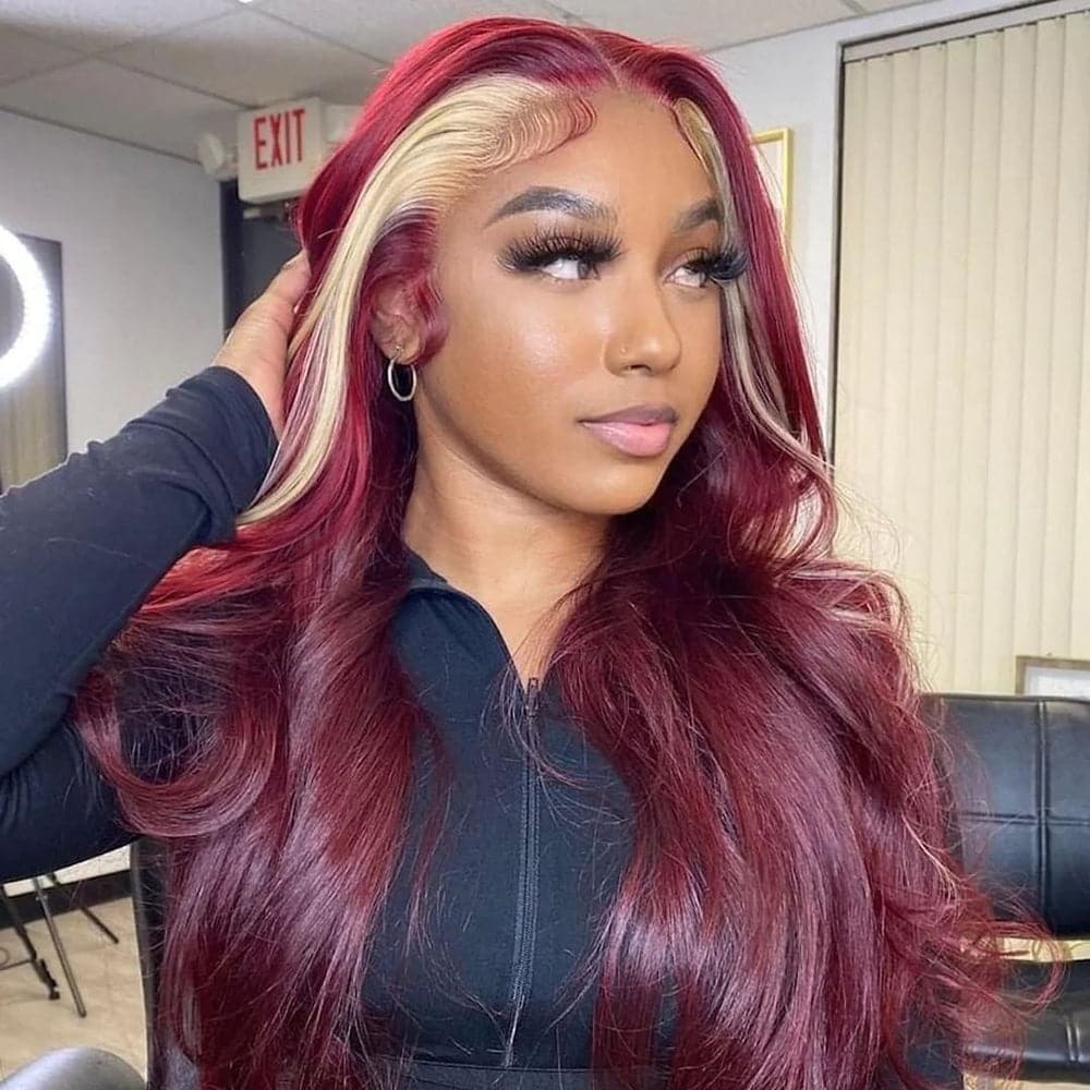 Sterly Hair Straight 13×4 Lace Front Burbundy & Blonde Skunk Stripe Body Wave Wig