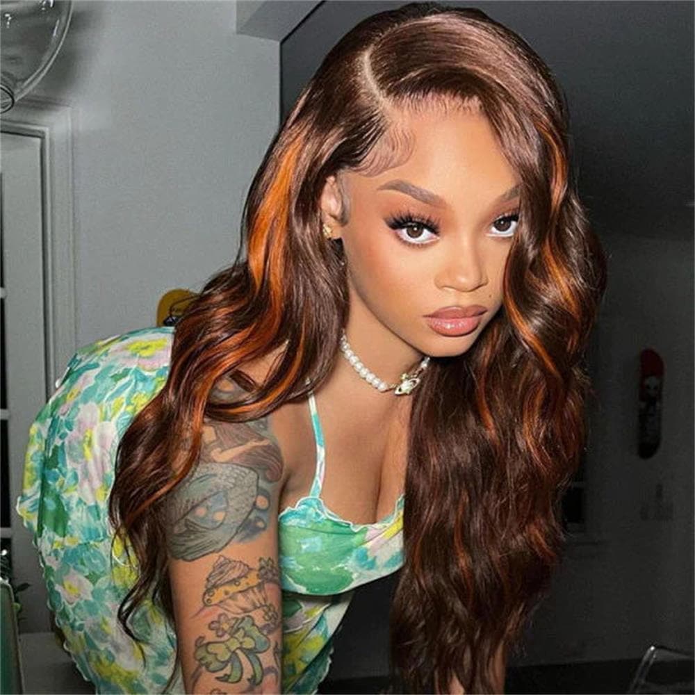 Sterly Orange Highlights With Chocolate Brown Colored Human Hair Wig Body Wave 13x4 Lace Front Wigs