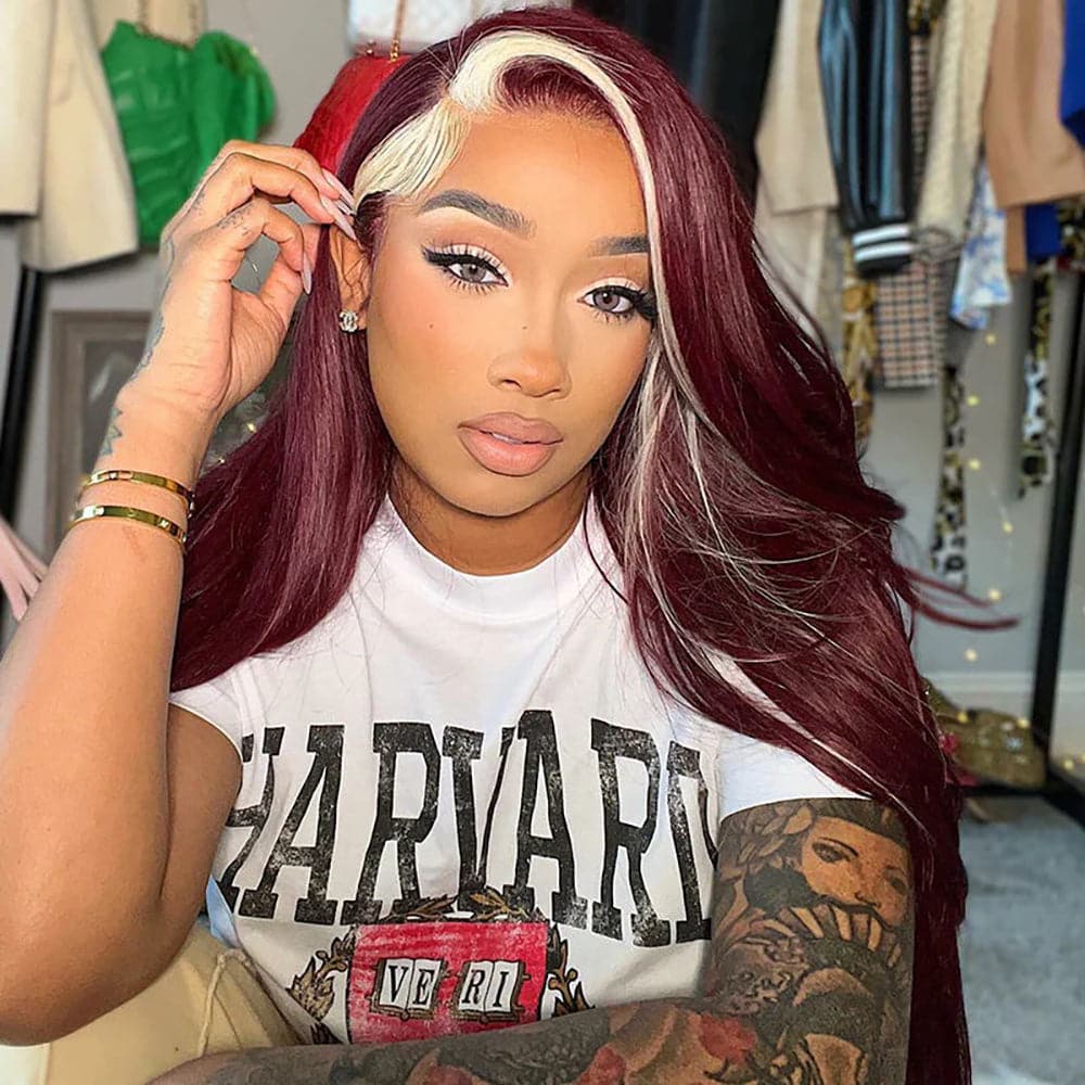 Sterly Hair Straight 13×4 Lace Front Burbundy & Blonde Skunk Stripe Body Wave Wig