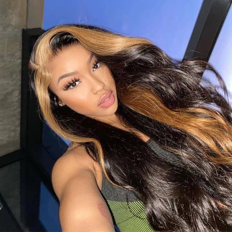 Sterly Skunk Stripe Body Wave Frontal Wig Black Wigs With #27 Honey Blonde Highlights