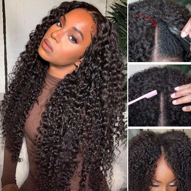 Perruques en cheveux humains bouclés en V, adaptées aux débutants, sans couture ni raie