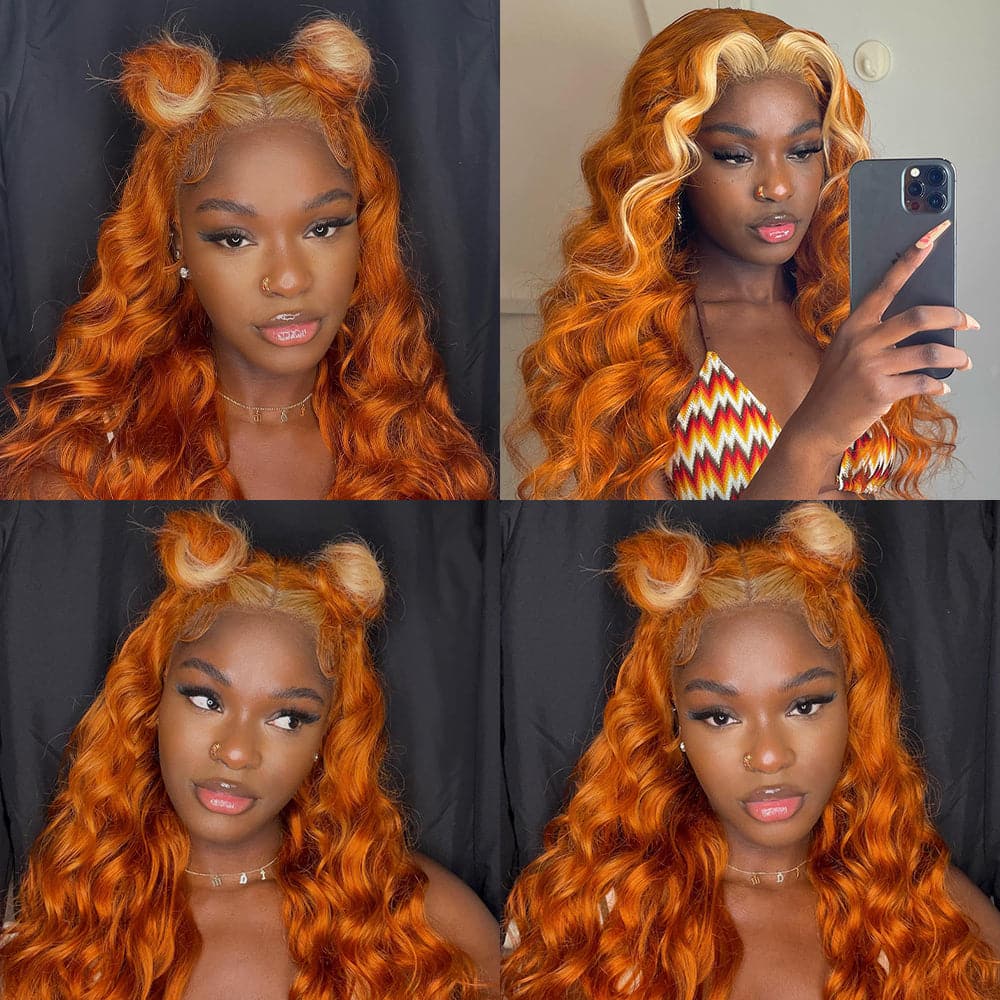 Sterly Ginger with Blonde Skunk Stripe Transparent Lace Body Wave Frontal Wig