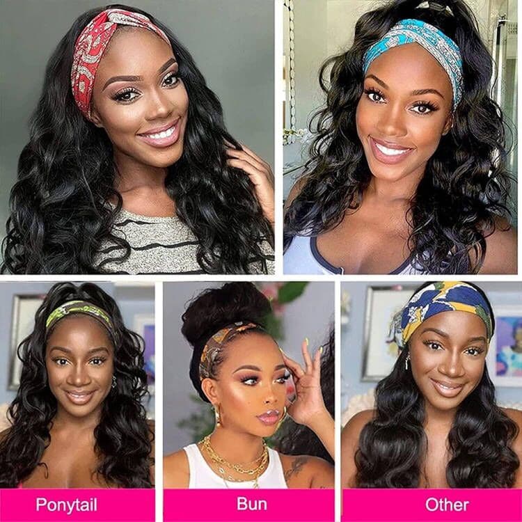 Headband Wig Body Wave Human Hair Wigs Sterly Headband Wig With Scarf 250% Density