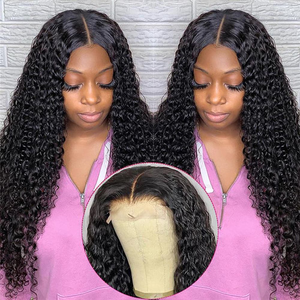 Perruques de cheveux humains bouclés sans colle, 4×4, fermeture en dentelle transparente HD