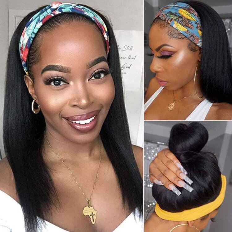 Headband Wig Straight Human Hair Wigs Sterly Headband Wig With Scarf 250% Density