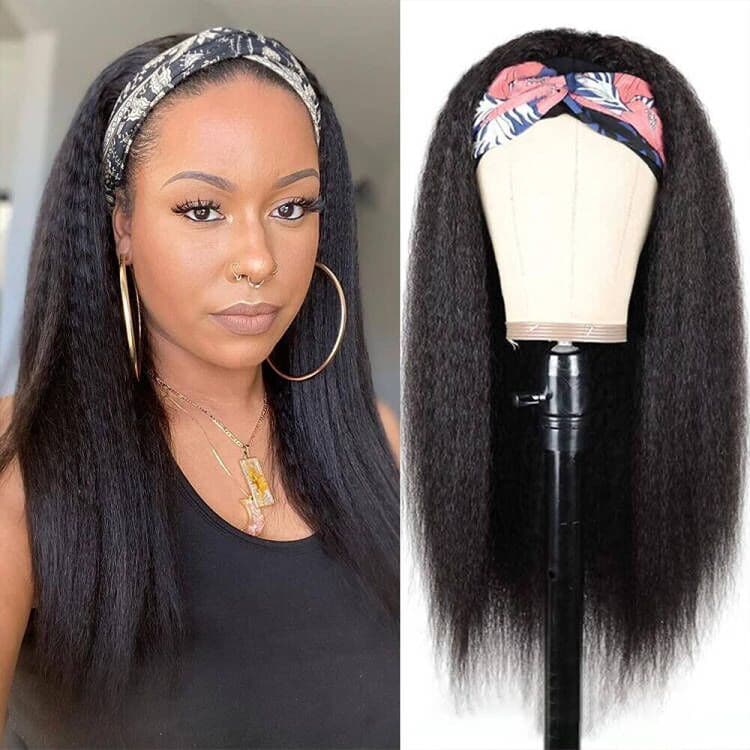 Headband Wig Kinky Straight Human Hair Wigs Sterly Headband Wig With Scarf