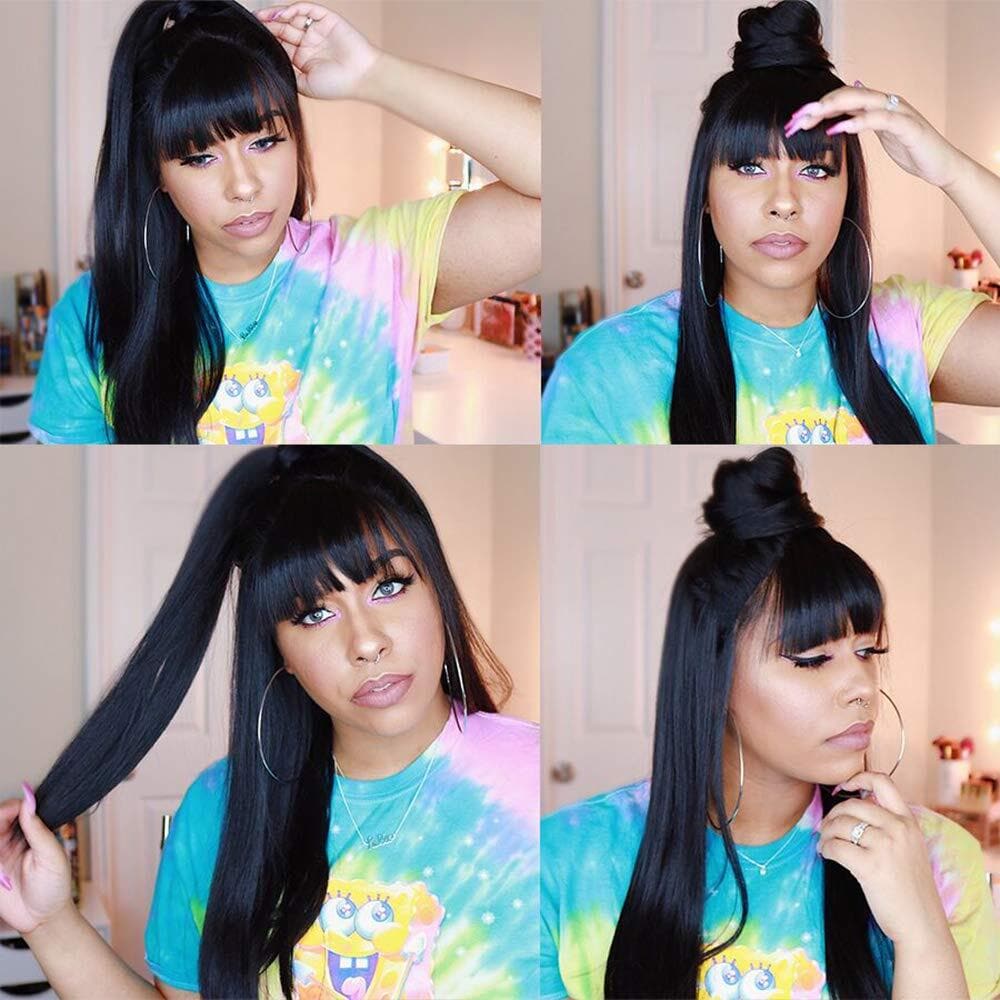 Sterly Silky Virgin Straight Human Hair Wigs with Bangs None Lace Front Wigs