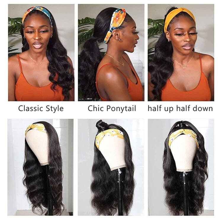 Headband Wig Body Wave Human Hair Wigs Sterly Headband Wig With Scarf 250% Density