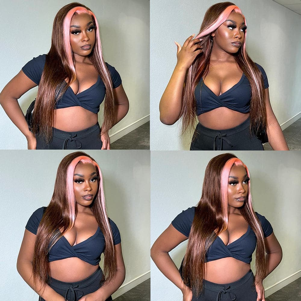 Sterly Pink with Light Brown Skunk Stripe Transparent Lace Body Wave Frontal Wig