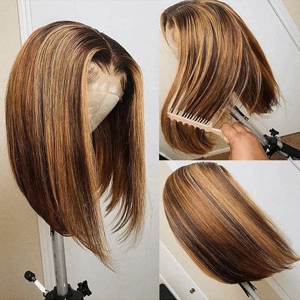 HD Transparent Highlight Bob Wigs Human Hair Sterly P4/27 Straight 7×6/13×6 Lace Front Bob Wigs