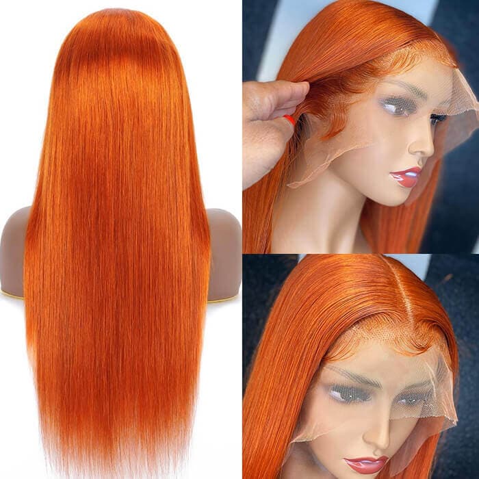 Sterly Ginger Orange Color Glueless Straight Transparent Lace Frontal Wigs Human Hair