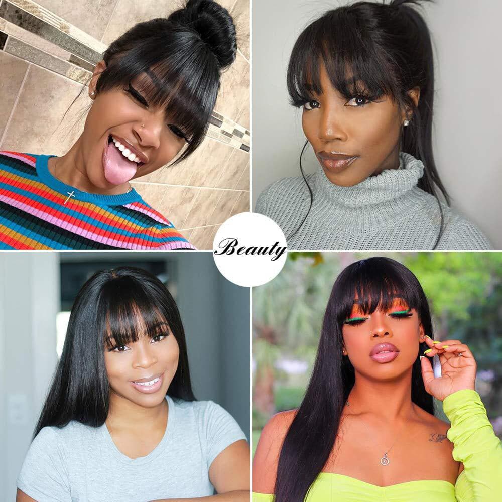Sterly Silky Virgin Straight Human Hair Wigs with Bangs None Lace Front Wigs