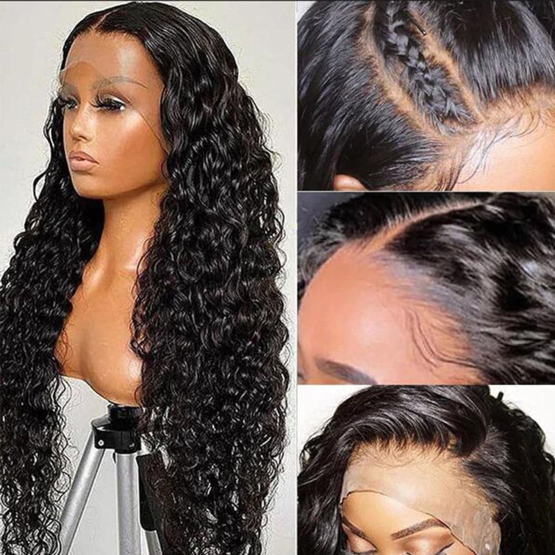 #1 Jet Black Glueless 7x6 Water Wave Wig HD Lace Front With Invisi- Drawstrings