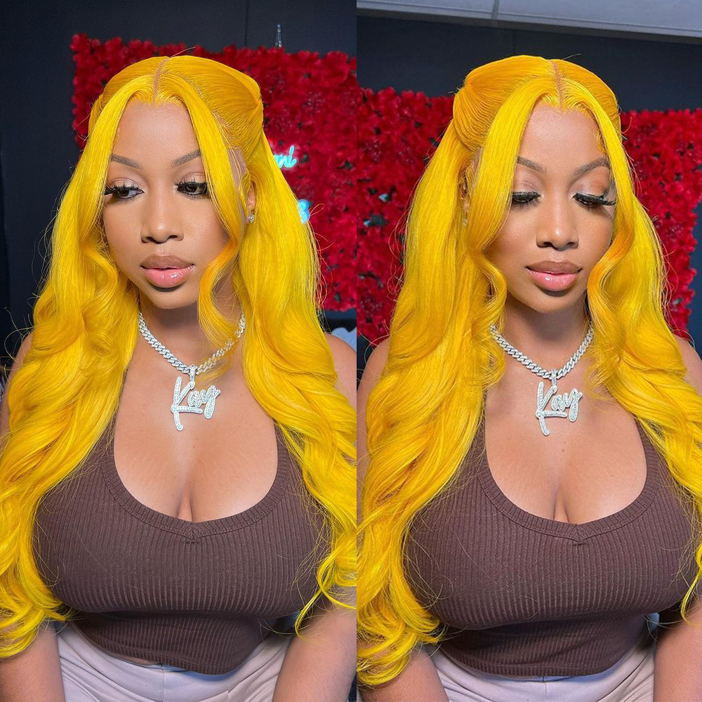 Sterly Yellow Long 13×4 Body Wave Frontal Lace Wig Colored Human Hair Wigs