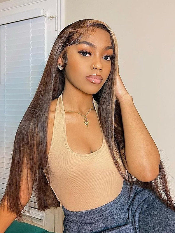 Sterly Hair Honey Blonde &amp; Brown Skunk Stripe Highlight Wigs Straight Lace Front Wig - sterlyhair