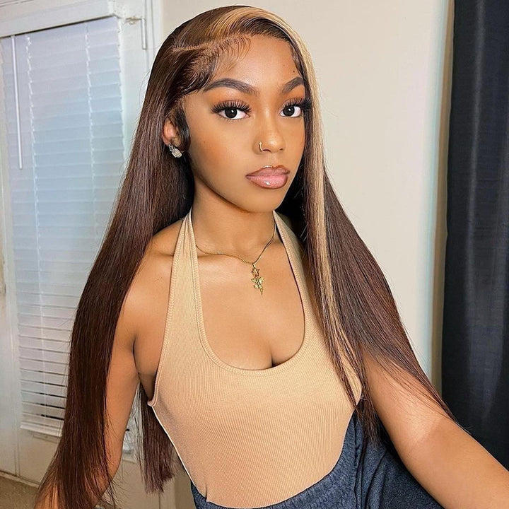 Sterly Hair Honey Blonde &amp; Brown Skunk Stripe Highlight Wigs Straight Lace Front Wig - sterlyhair
