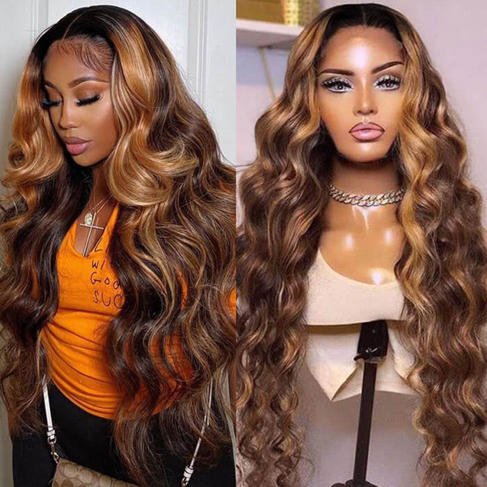 Sterly Hair Black Roots with 4/27 Highlight Wig Body Wave Lace Front Human Hair Wig