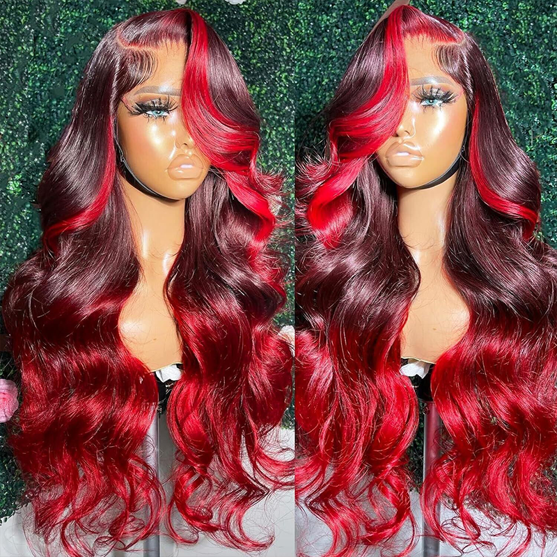Sterly Ombre Red With Burgundy Body Wave Lace Front Human Hair Wigs for Black Women