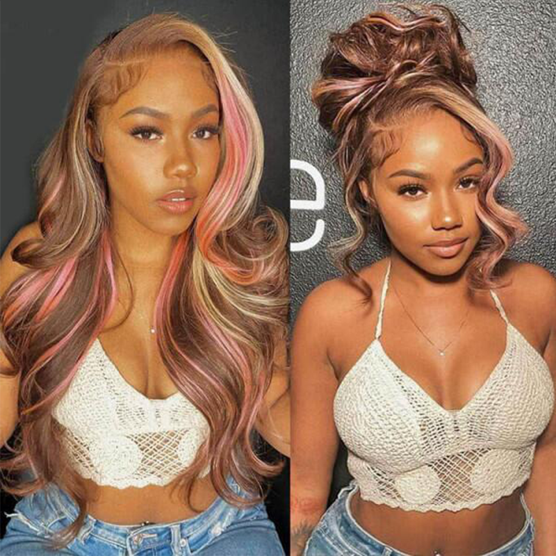 Sterly Pink Blonde Balayage On Brown Hair Wigs Loose Body Wave Lace Closure Front Wigs
