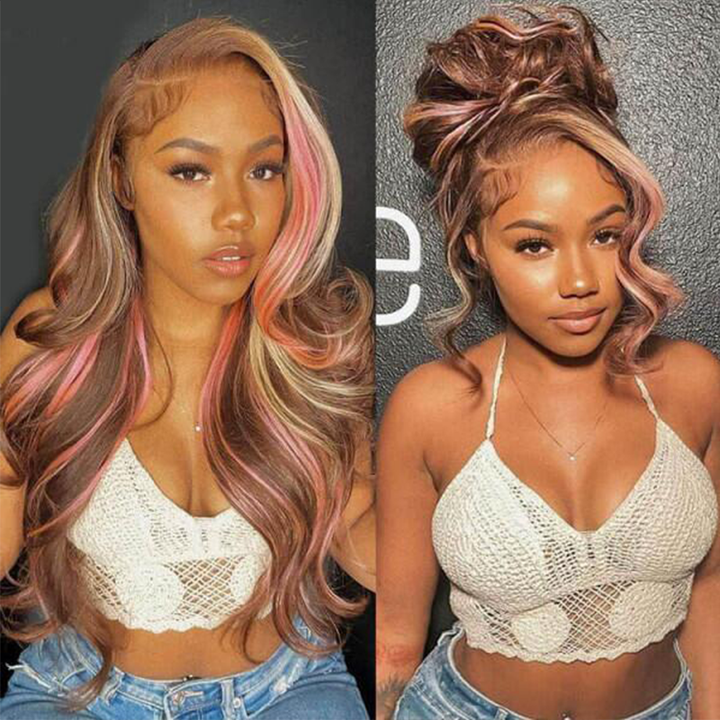 Sterly Pink Blonde Balayage On Brown Hair Wigs Loose Body Wave Lace Closure Front Wigs - sterlyhair