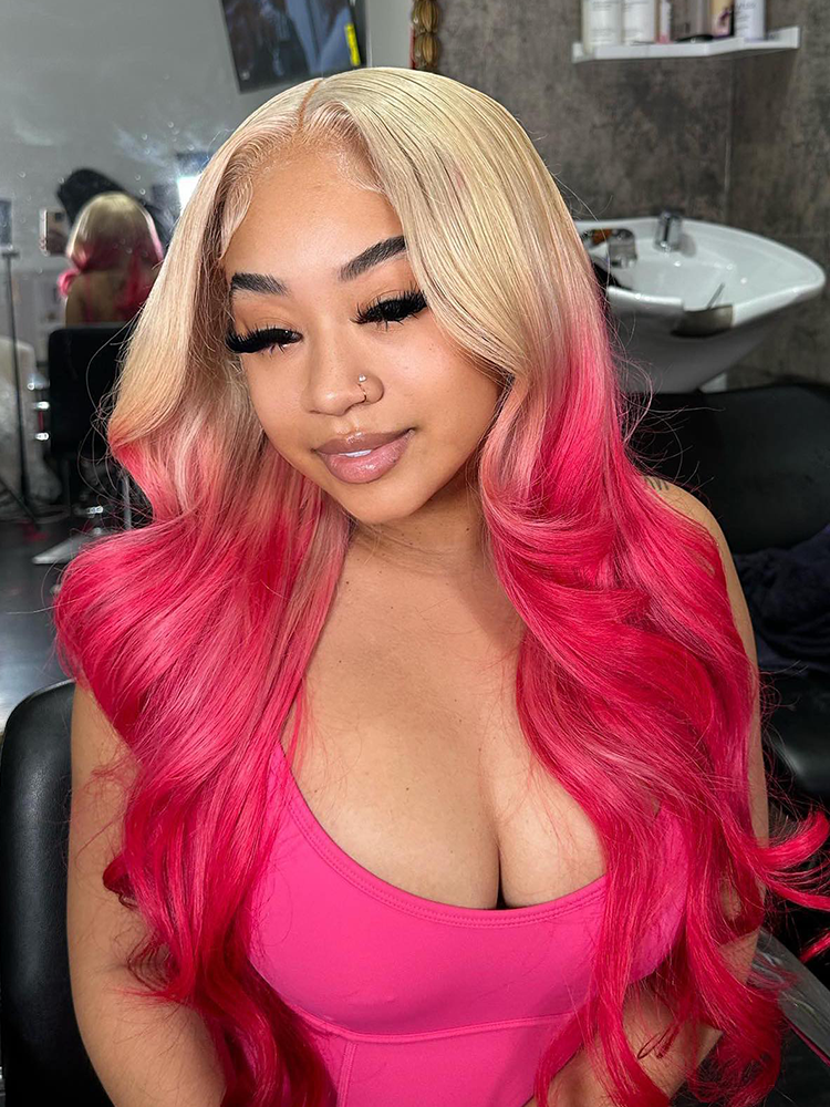 Sterly Blonde With Pink Ombre Color 13×6 Body Wave Lace Front Wig 210% Denisty