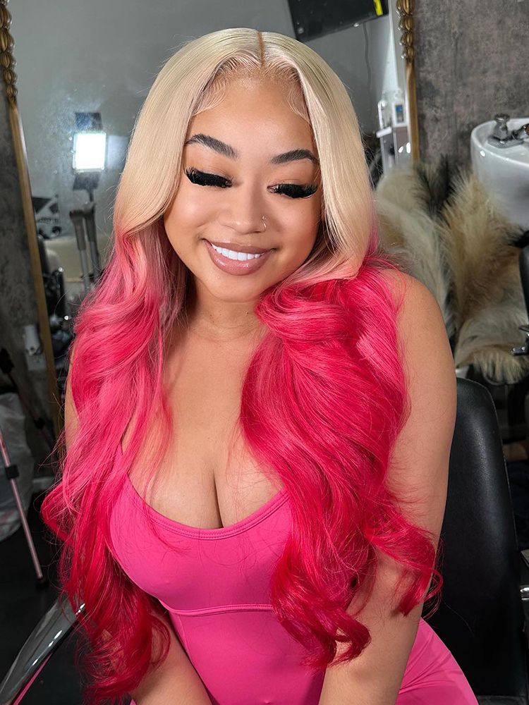 Sterly Blonde With Pink Ombre Color 13×6 Body Wave Lace Front Wig 210% Denisty