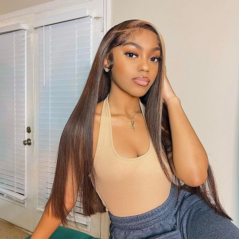 Sterly Hair Honey Blonde &amp; Brown Skunk Stripe Highlight Wigs Straight Lace Front Wig - sterlyhair