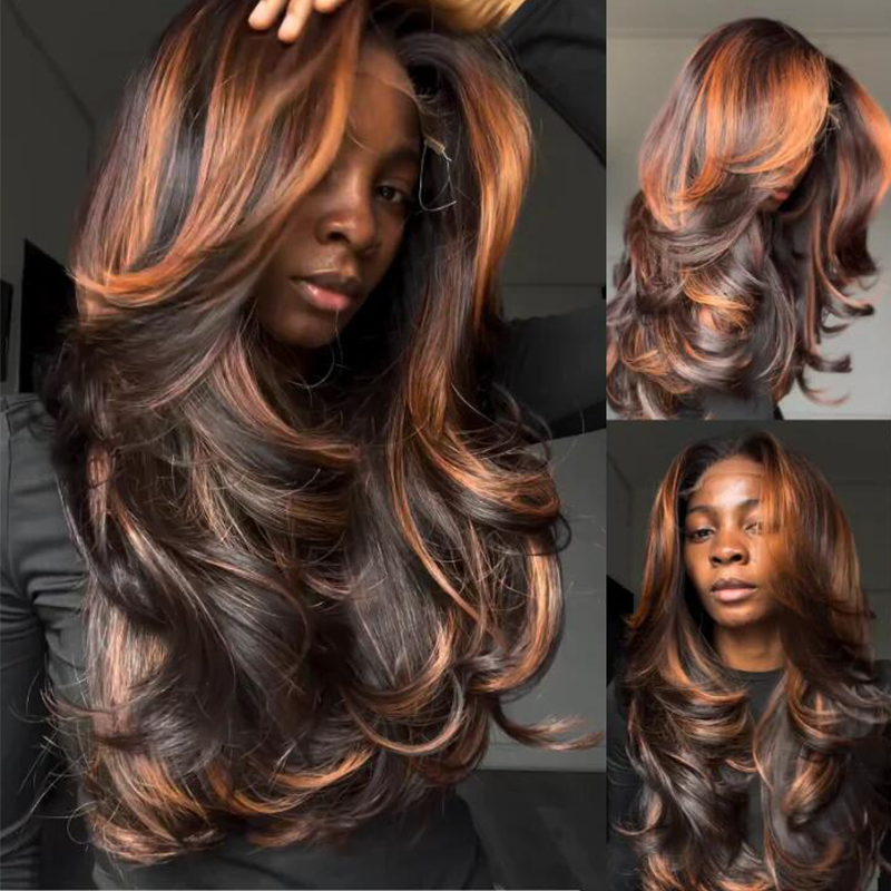 Highlight Brown 5×5 Lace Loose Body Wave Wigs with Curtain Bangs Human Hair Wigs - sterlyhair