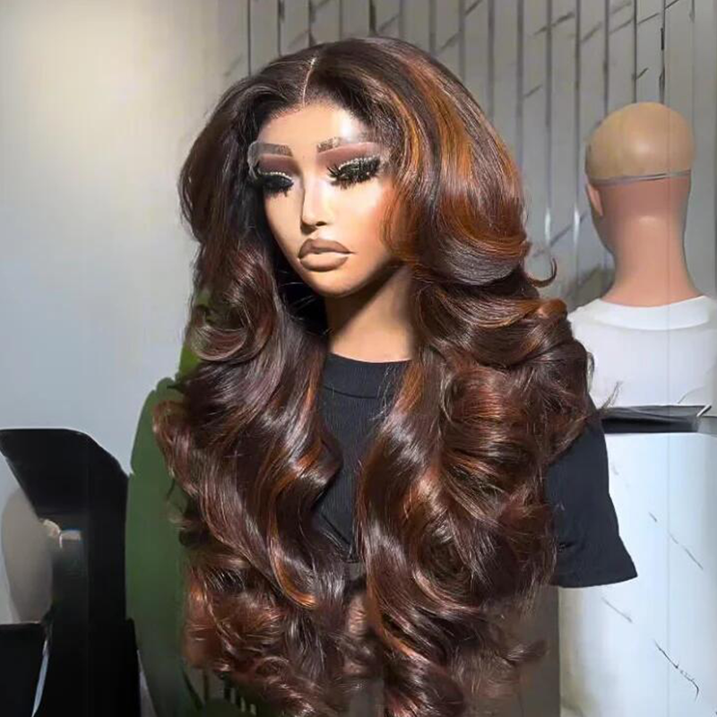Highlight Brown 5×5 Lace Loose Body Wave Wigs with Curtain Bangs Human Hair Wigs - sterlyhair
