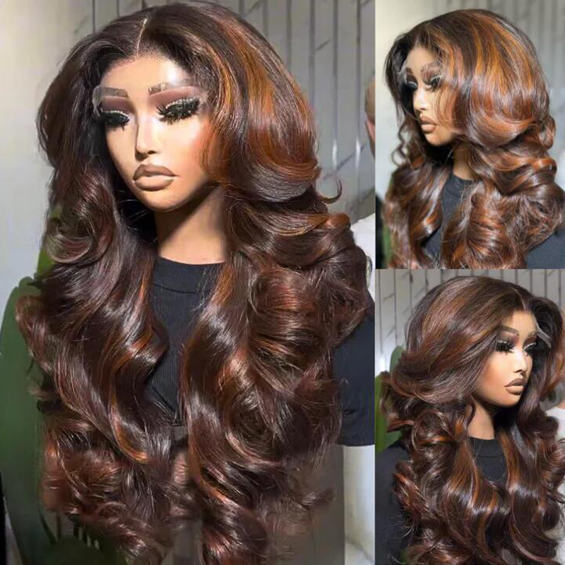 Highlight Brown 5×5 Lace Loose Body Wave Wigs with Curtain Bangs Human Hair Wigs - sterlyhair