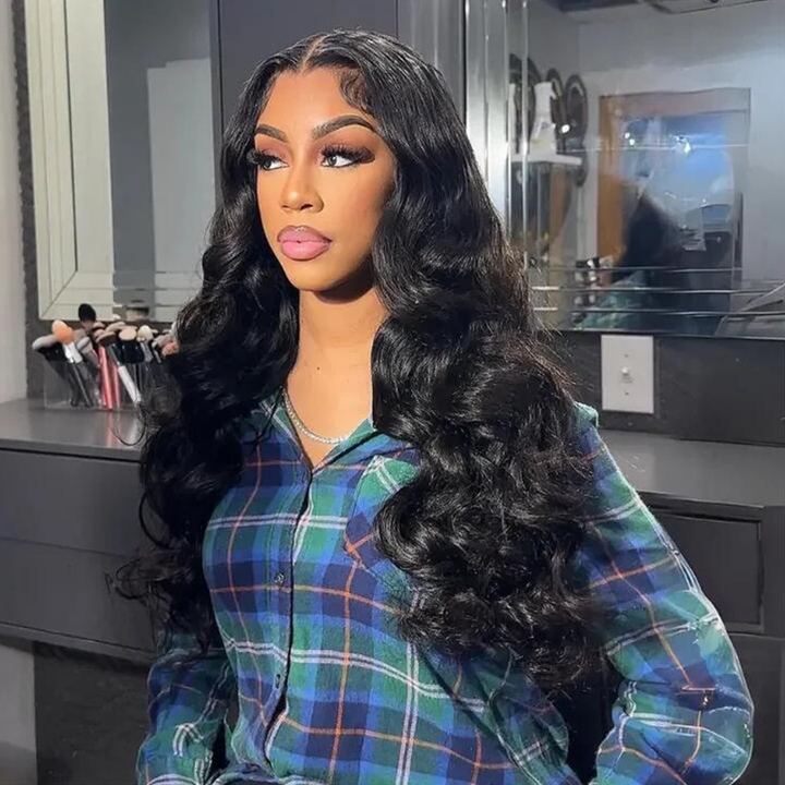 Sterly Full 180% Density Loose Body Wave Human Hair Wigs Ocean Wave Wigs with Curtain Bangs - sterlyhair
