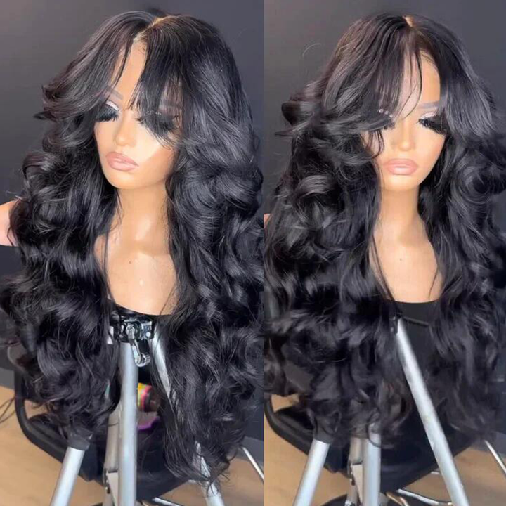 Sterly Full 180% Density Loose Body Wave Human Hair Wigs Ocean Wave Wigs with Curtain Bangs - sterlyhair