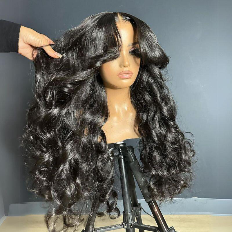 Sterly Full 180% Density Loose Body Wave Human Hair Wigs Ocean Wave Wigs with Curtain Bangs - sterlyhair