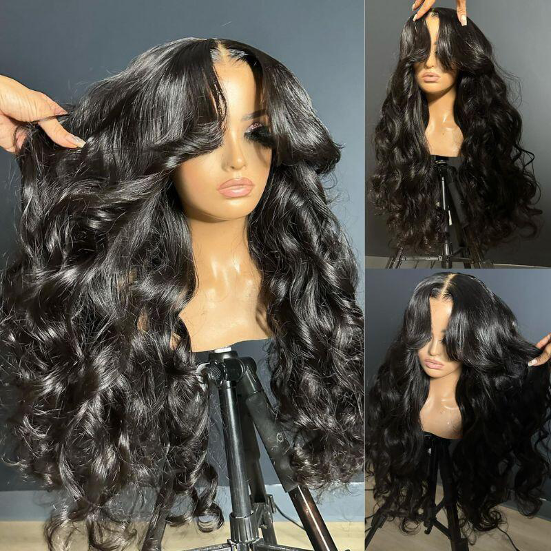 Sterly Full 180% Density Loose Body Wave Human Hair Wigs Ocean Wave Wigs with Curtain Bangs - sterlyhair