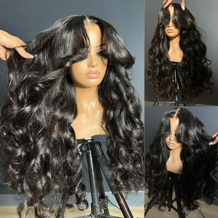 Sterly Full 180% Density Loose Body Wave Human Hair Wigs Ocean Wave Wigs with Curtain Bangs - sterlyhair
